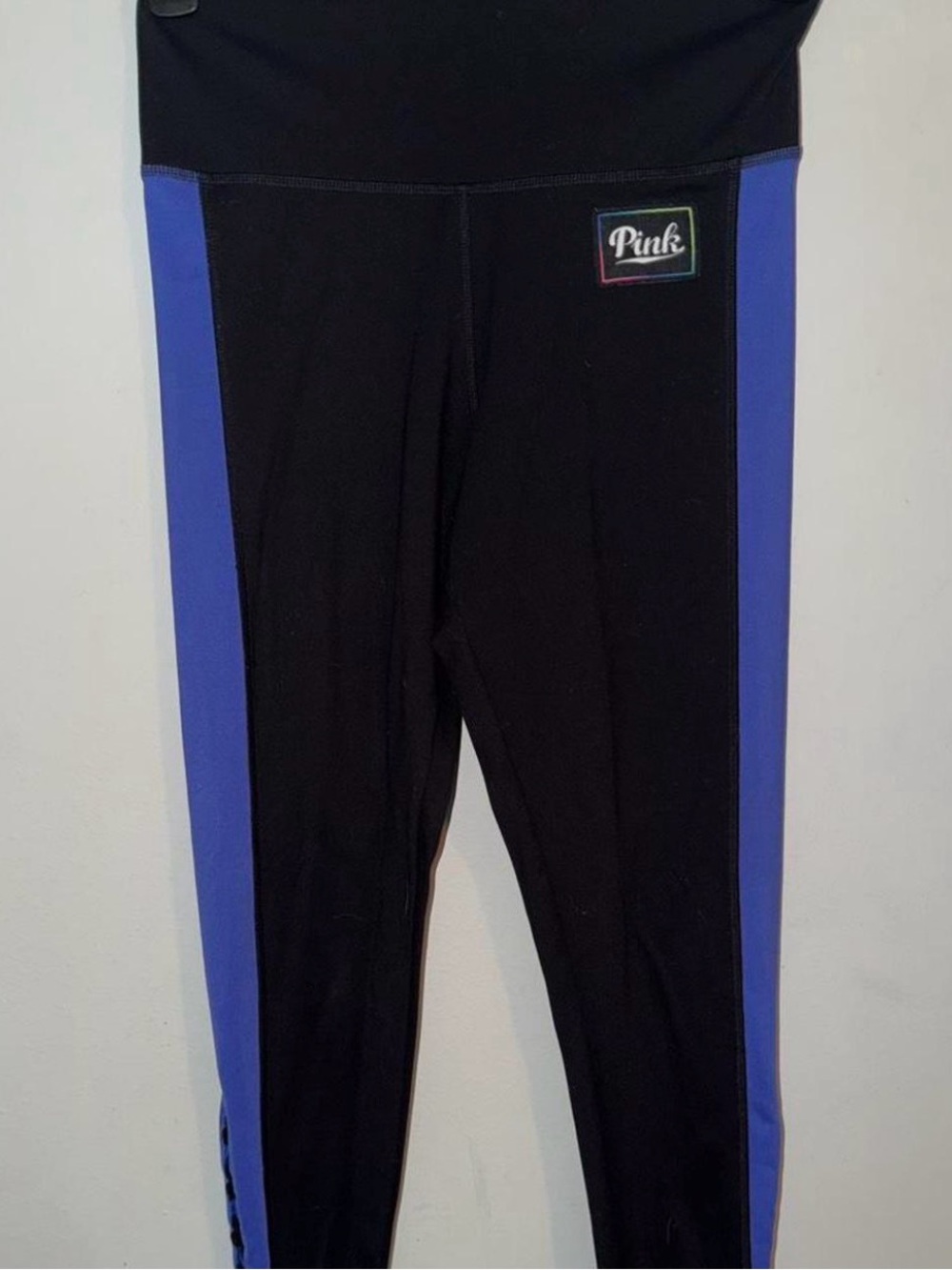 PINK Victoria's Secret Black Leggings with Blue Side Stripes